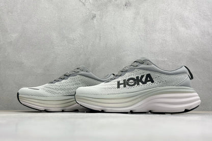 HOKA Bondi 8 White Grey Black Logo Running Sneaker