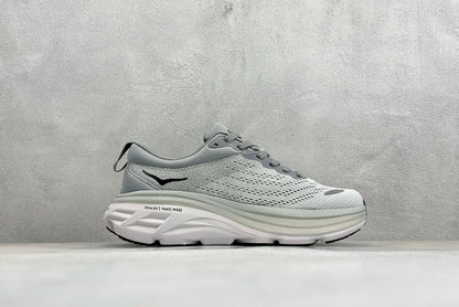 HOKA Bondi 8 White Grey Black Logo Running Sneaker