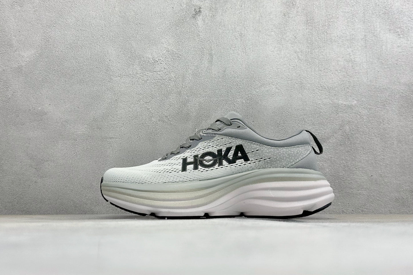HOKA Bondi 8 White Grey Black Logo Running Sneaker