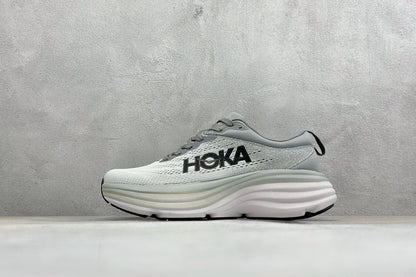 HOKA Bondi 8 White Grey Black Logo Running Sneaker