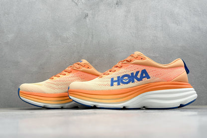 HOKA Bondi 8 Orange Gradient Blue Logo Running Shoes