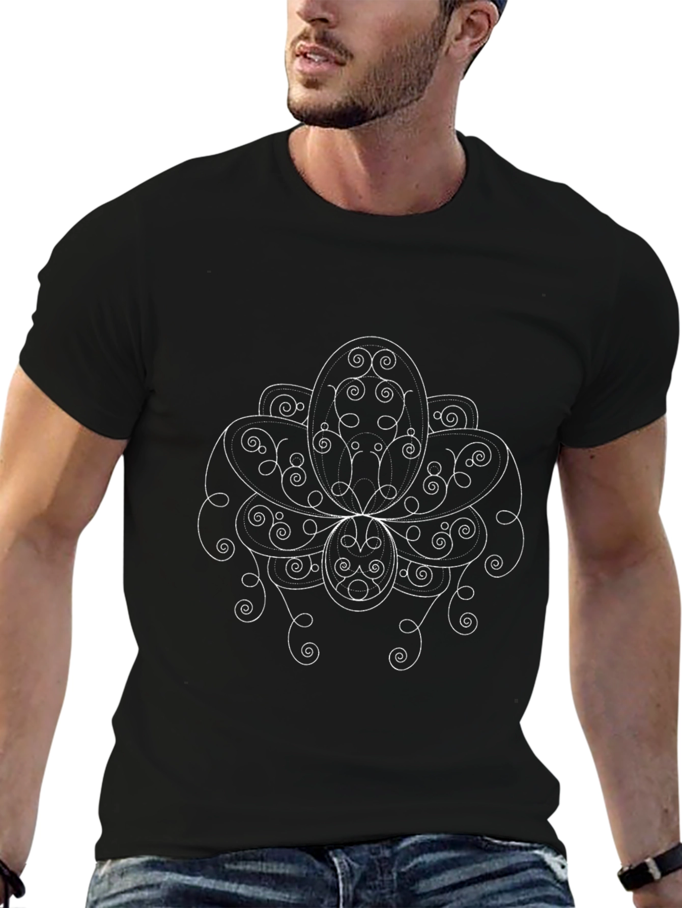 Elegant Black T-Shirt with White Floral Design