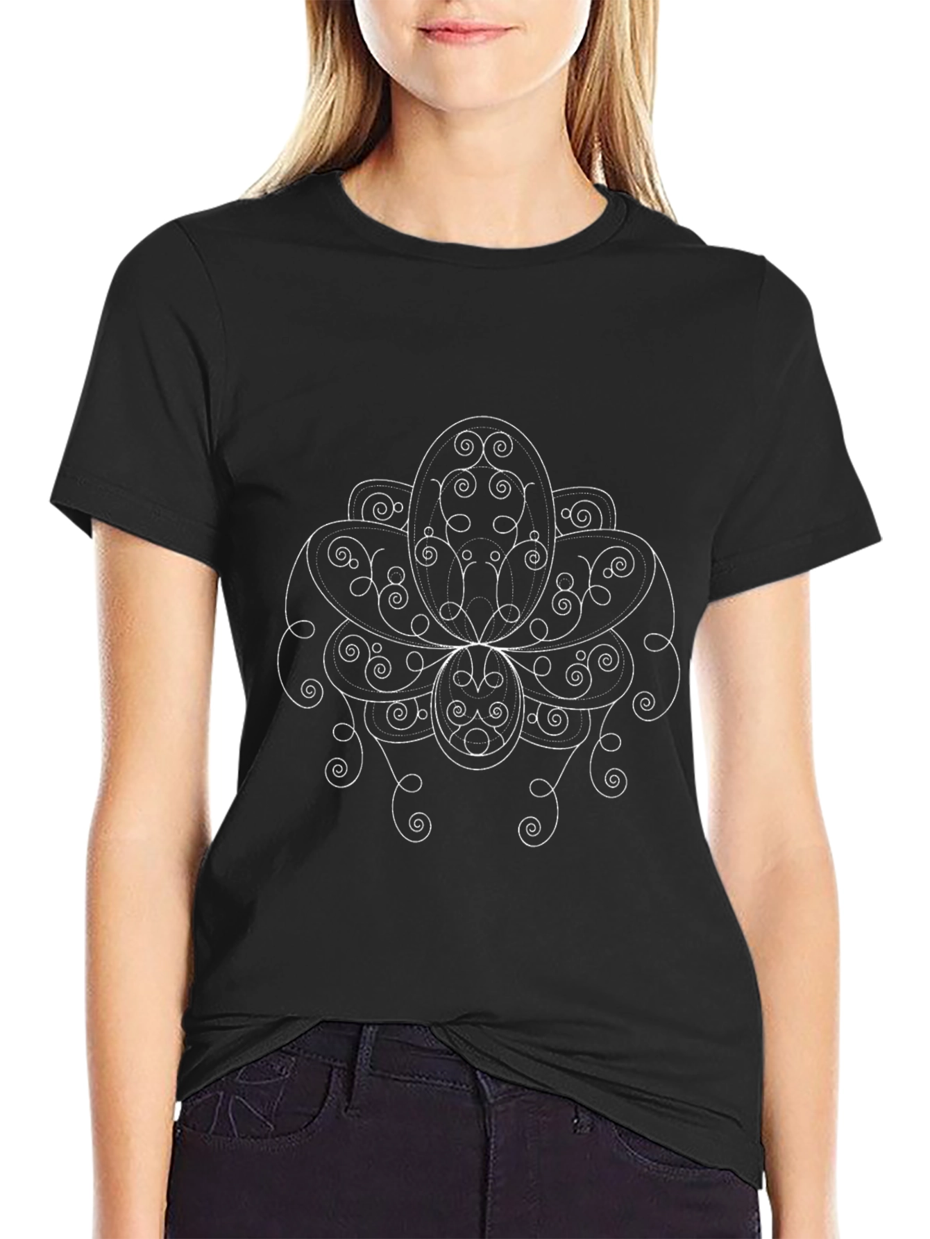 Elegant Black T-Shirt with White Floral Design