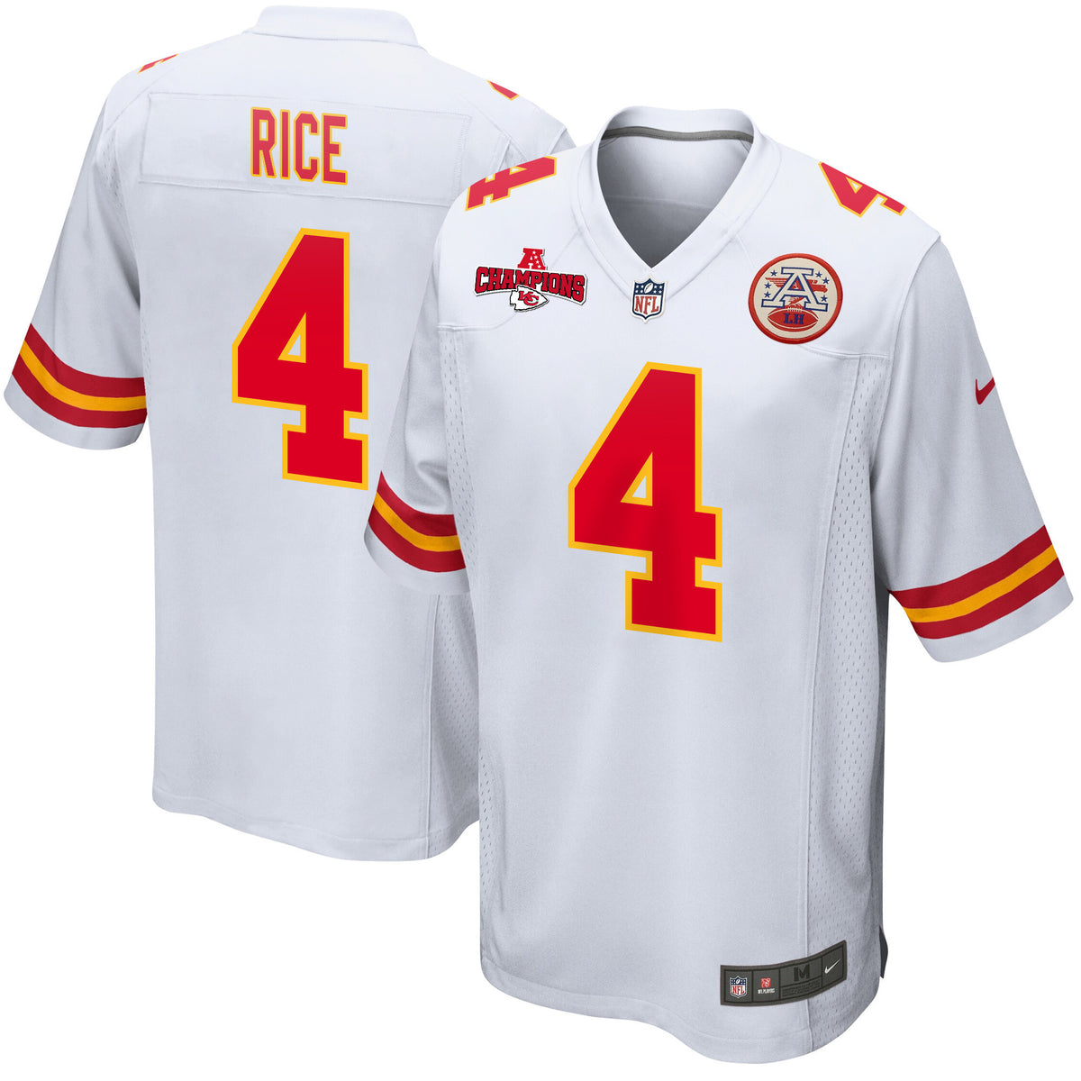 Rashee Rice 4 Kansas City Chiefs AFC Champions Patch Game Men Jersey - White
