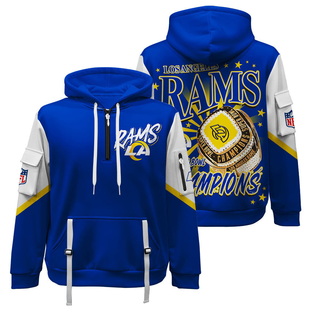 NFL Los Angeles Rams 2X Super Bowl Champions Gold Ring Quarter Zip Hoodie