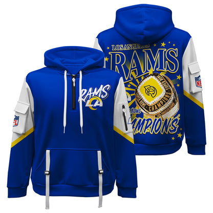NFL Los Angeles Rams 2X Super Bowl Champions Gold Ring Quarter Zip Hoodie