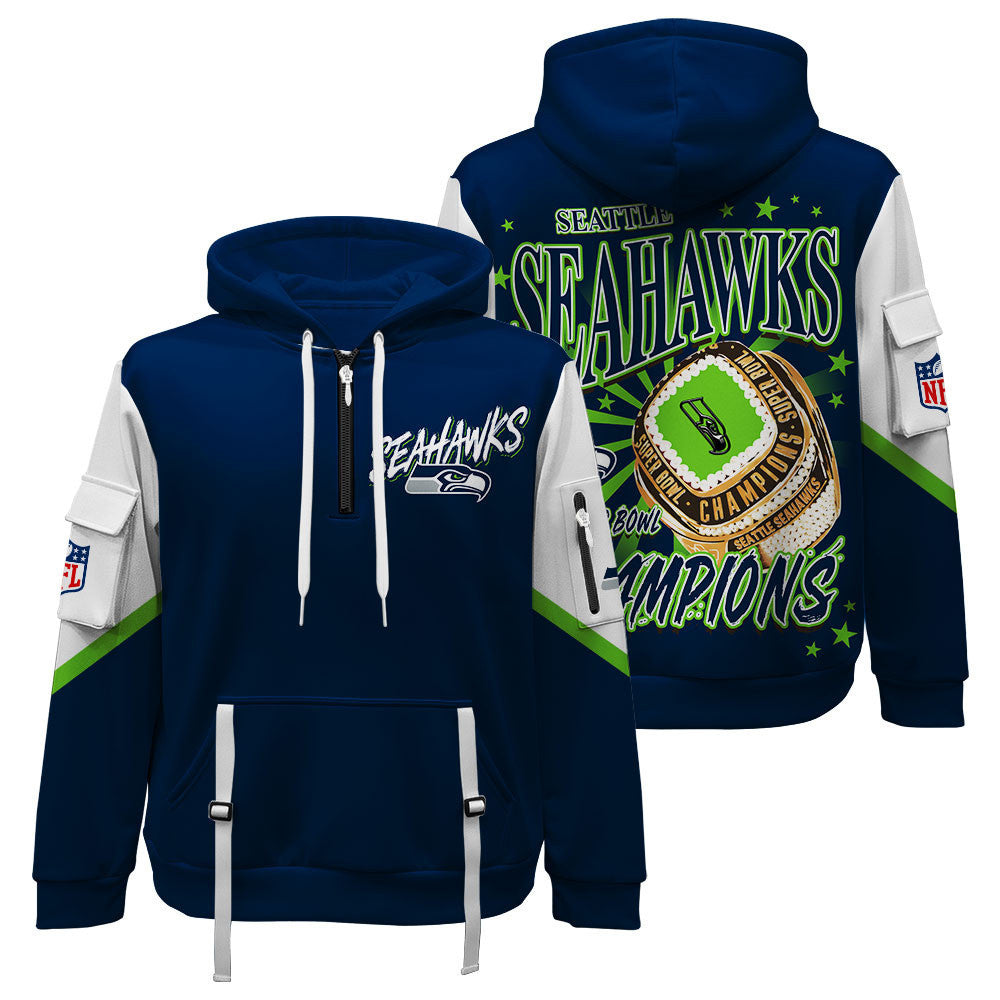NFL Seattle Seahawks X Super Bowl Champions Gold Ring Quarter Zip Hoodie