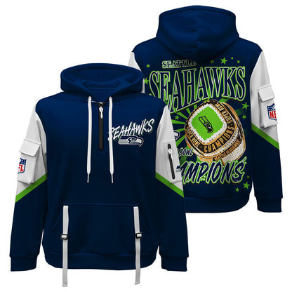 NFL Seattle Seahawks X Super Bowl Champions Gold Ring Quarter Zip Hoodie