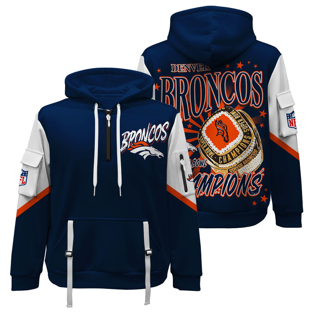 NFL Denver Broncos 3X Super Bowl Champions Gold Ring Quarter Zip Hoodie