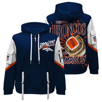 NFL Denver Broncos 3X Super Bowl Champions Gold Ring Quarter Zip Hoodie