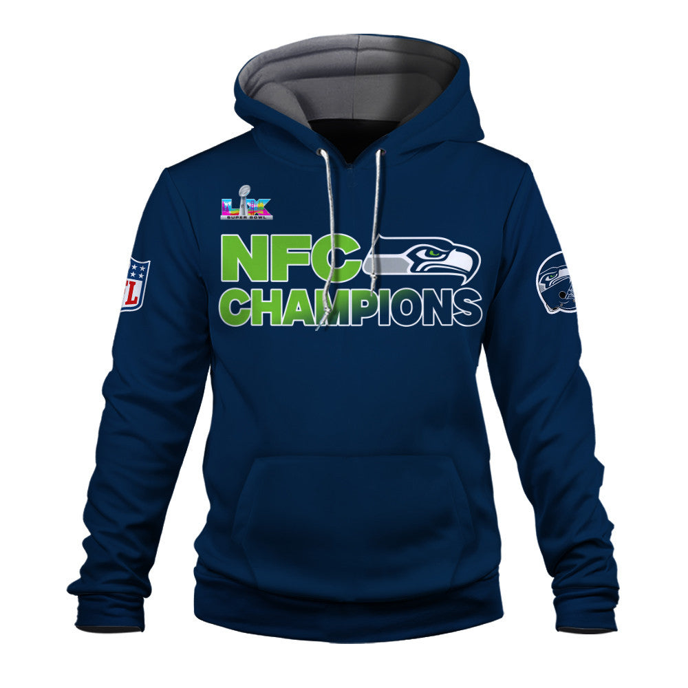 Seattle Seahawks NFC Champions 2025 – Fiery Lightning Hoodie