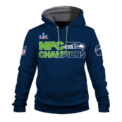 Seattle Seahawks NFC Champions 2025 – Fiery Lightning Hoodie