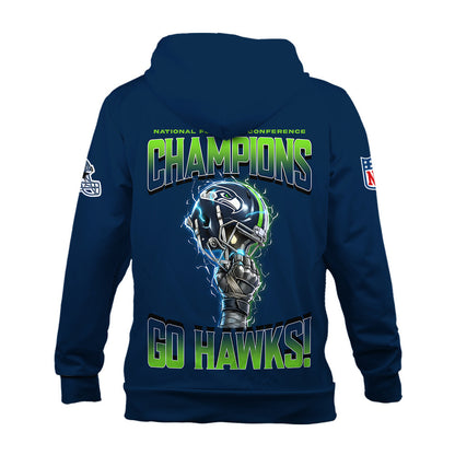 Seattle Seahawks NFC Champions 2025 – Fiery Lightning Hoodie