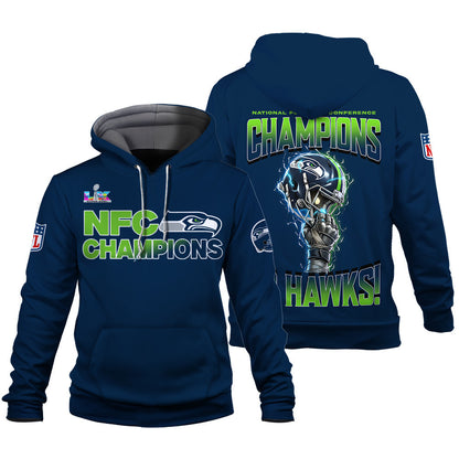 Seattle Seahawks NFC Champions 2025 – Fiery Lightning Hoodie