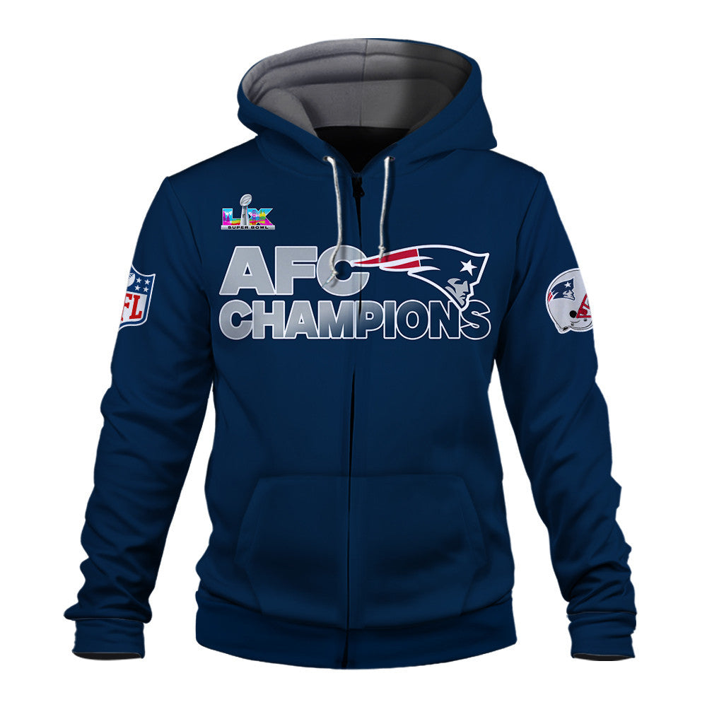 New England Patriots AFC Champions 2025 – Fiery Lightning Zip Hoodie