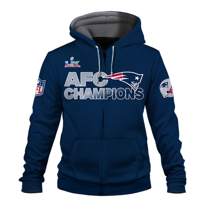 New England Patriots AFC Champions 2025 – Fiery Lightning Zip Hoodie