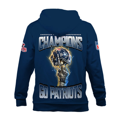 New England Patriots AFC Champions 2025 – Fiery Lightning Zip Hoodie
