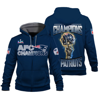 New England Patriots AFC Champions 2025 – Fiery Lightning Zip Hoodie