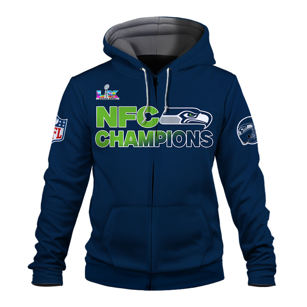 Seattle Seahawks NFC Champions 2025 – Fiery Lightning Zip Hoodie