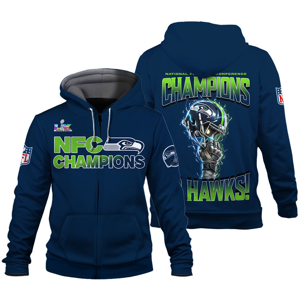 Seattle Seahawks NFC Champions 2025 – Fiery Lightning Zip Hoodie