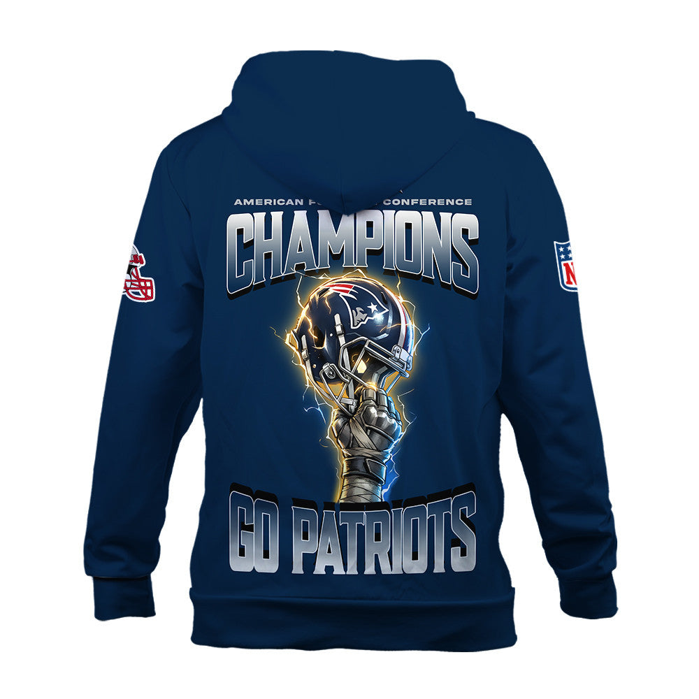 New England Patriots AFC Champions 2025 – Fiery Lightning Hoodie