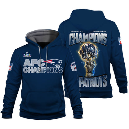 New England Patriots AFC Champions 2025 – Fiery Lightning Hoodie