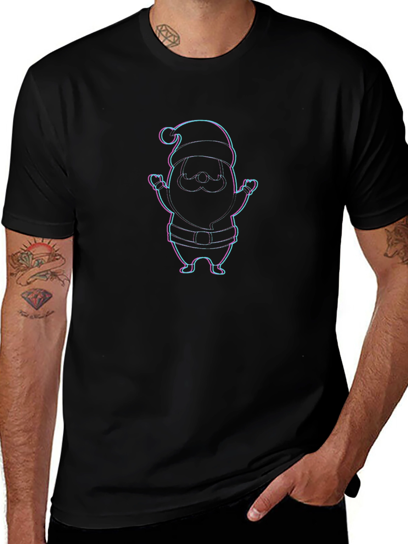Festive Santa Graphic Tee - Black Crew Neck Shirt