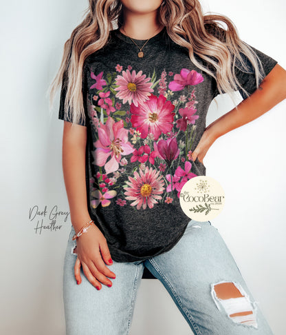 Pressed Flowers Tshirt, Boho Wildflowers Cottagecore Shirt, Oversized Vintage Botanical Tee, Pastel Floral Nature Shirt, Garden Lover Gift