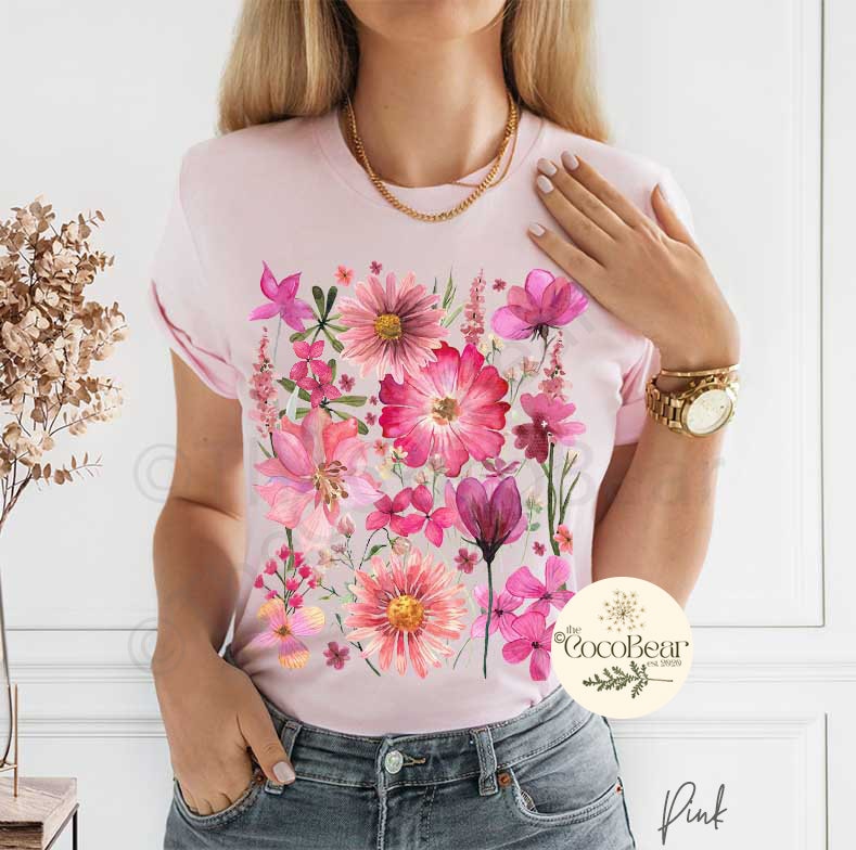 Pressed Flowers Tshirt, Boho Wildflowers Cottagecore Shirt, Oversized Vintage Botanical Tee, Pastel Floral Nature Shirt, Garden Lover Gift