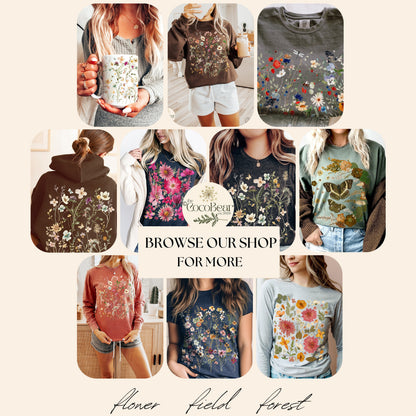 Pressed Flowers Tshirt, Boho Wildflowers Cottagecore Shirt, Oversized Vintage Botanical Tee, Pastel Floral Nature Shirt, Garden Lover Gift