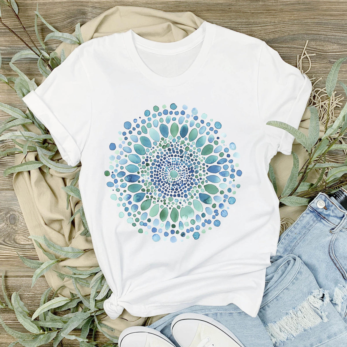 Watercolor Mandala T-Shirt, Boho Geometric Tee, Artistic Abstract Shirt, Hippie Mandala Tee, Spiritual Yoga Shirt