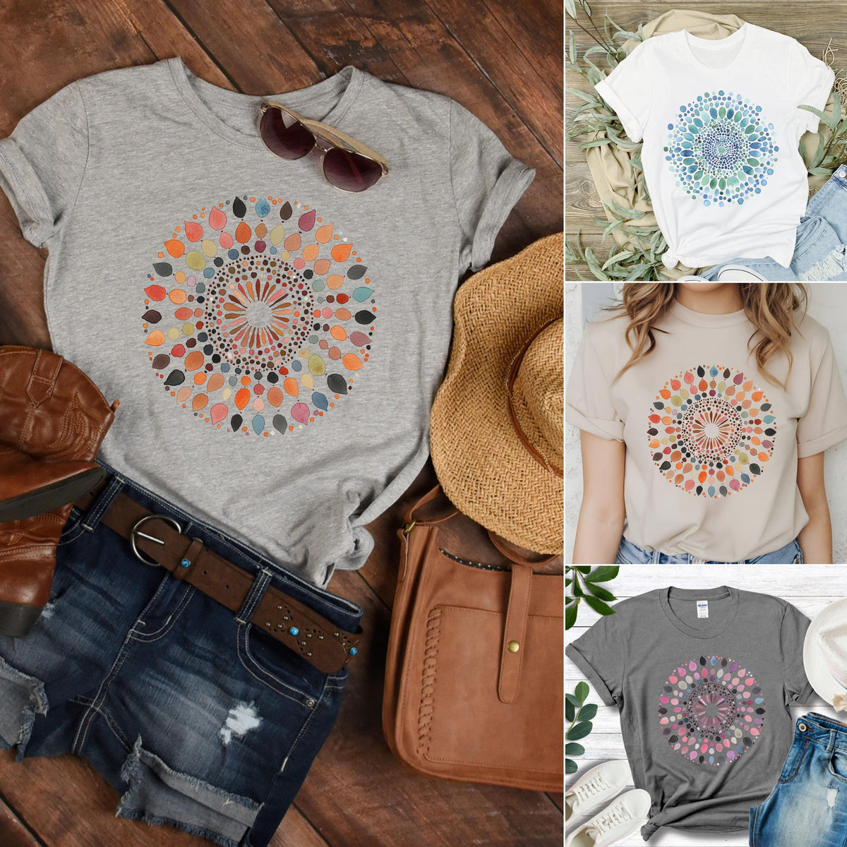 Watercolor Mandala T-Shirt, Boho Geometric Tee, Artistic Abstract Shirt, Hippie Mandala Tee, Spiritual Yoga Shirt