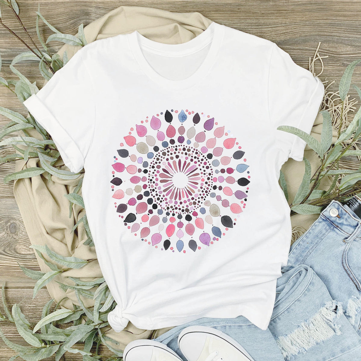 Watercolor Mandala T-Shirt, Boho Geometric Tee, Artistic Abstract Shirt, Hippie Mandala Tee, Spiritual Yoga Shirt