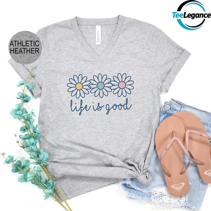 Life is Good V-Neck T-Shirt, Boho Daisy Wildflower V-Neck Shirt, Mental Health V-Neck Shirt, Preppy Daisy Flower V-Neck, Daisy Lover V-Neck