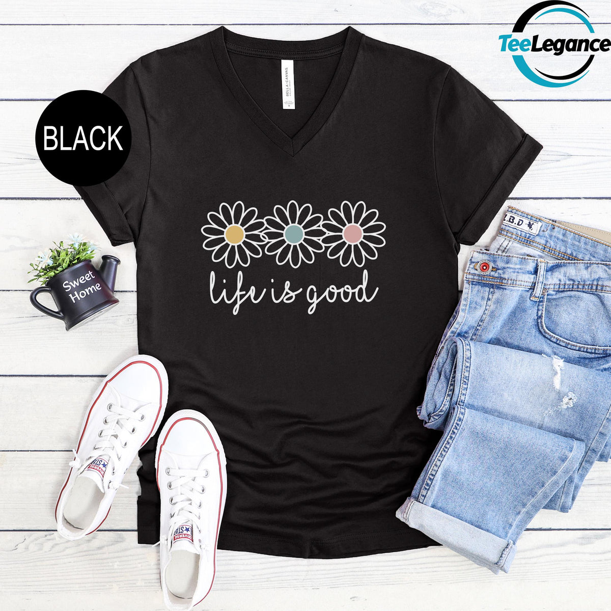 Life is Good V-Neck T-Shirt, Boho Daisy Wildflower V-Neck Shirt, Mental Health V-Neck Shirt, Preppy Daisy Flower V-Neck, Daisy Lover V-Neck