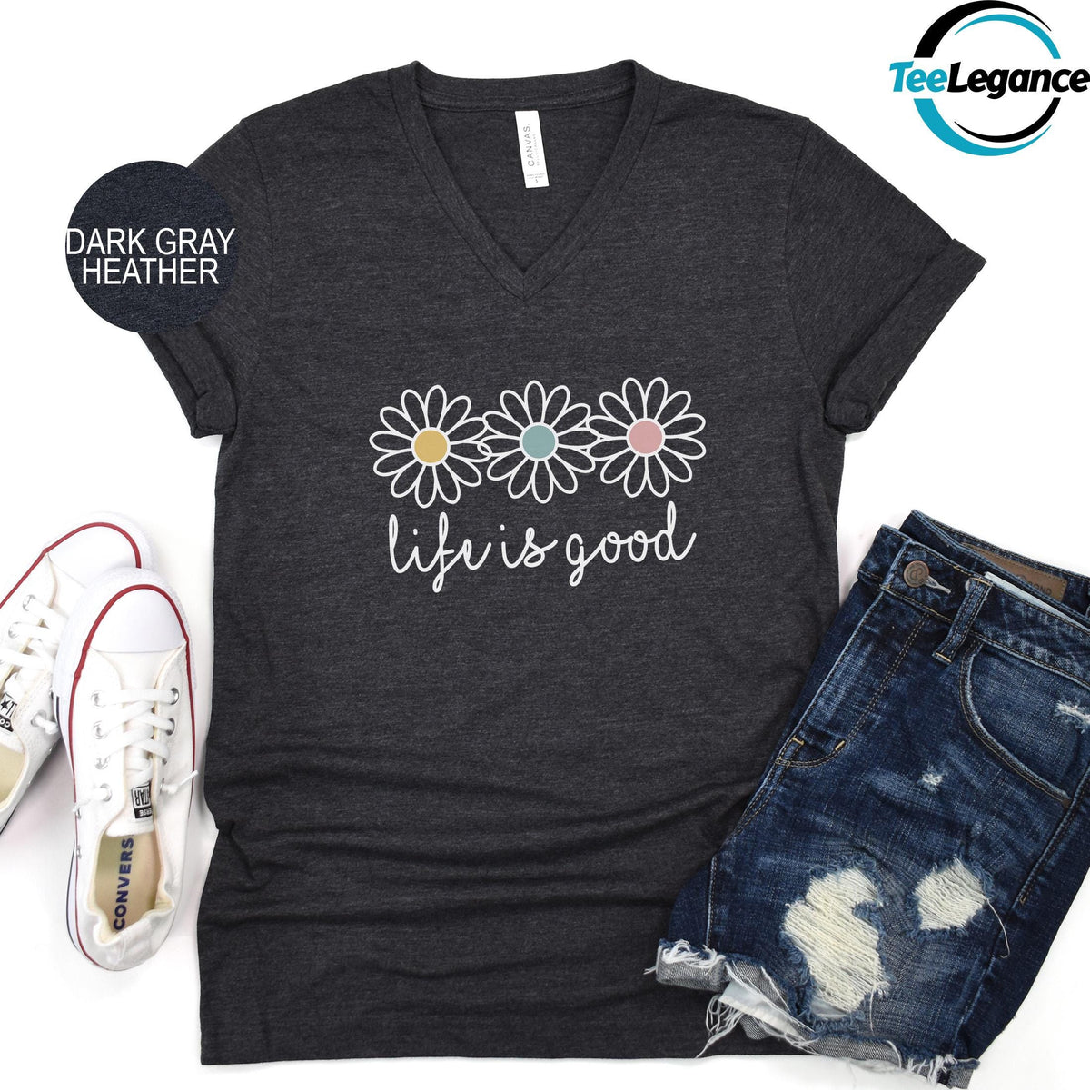 Life is Good V-Neck T-Shirt, Boho Daisy Wildflower V-Neck Shirt, Mental Health V-Neck Shirt, Preppy Daisy Flower V-Neck, Daisy Lover V-Neck
