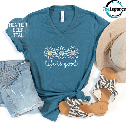 Life is Good V-Neck T-Shirt, Boho Daisy Wildflower V-Neck Shirt, Mental Health V-Neck Shirt, Preppy Daisy Flower V-Neck, Daisy Lover V-Neck