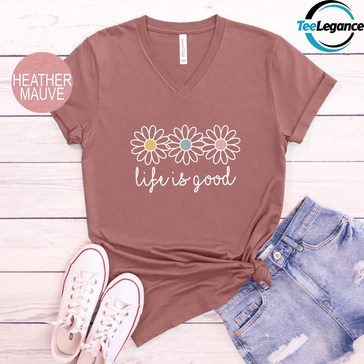 Life is Good V-Neck T-Shirt, Boho Daisy Wildflower V-Neck Shirt, Mental Health V-Neck Shirt, Preppy Daisy Flower V-Neck, Daisy Lover V-Neck