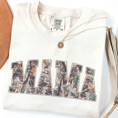 Comfort Colors® Hunting Mama T-Shirt, Camo Mama Shirt, Mother's Day Gift, Camouflage Mama T-Shirt, Varsity Mama Shirt, Retro Mam Shirt