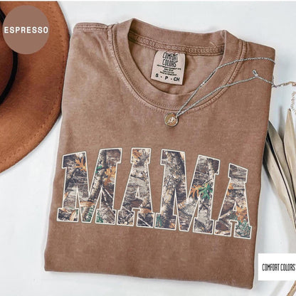 Comfort Colors® Hunting Mama T-Shirt, Camo Mama Shirt, Mother's Day Gift, Camouflage Mama T-Shirt, Varsity Mama Shirt, Retro Mam Shirt