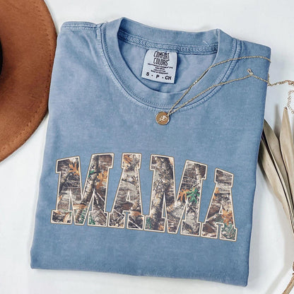 Comfort Colors® Hunting Mama T-Shirt, Camo Mama Shirt, Mother's Day Gift, Camouflage Mama T-Shirt, Varsity Mama Shirt, Retro Mam Shirt