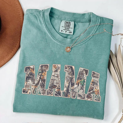 Comfort Colors® Hunting Mama T-Shirt, Camo Mama Shirt, Mother's Day Gift, Camouflage Mama T-Shirt, Varsity Mama Shirt, Retro Mam Shirt