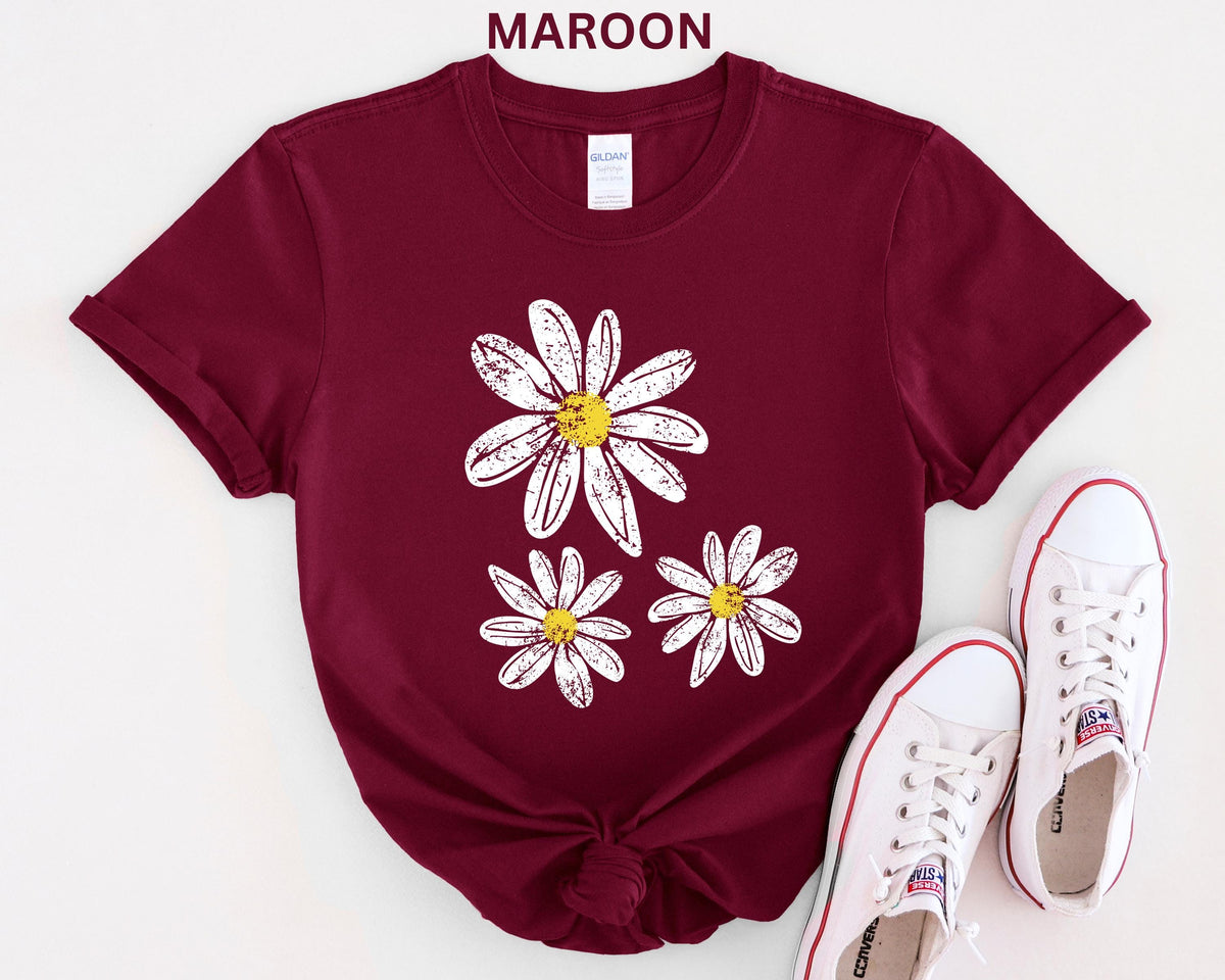 Daisy Shirt, Boho Floral Graphic Tee, Retro Aesthetic Flower Shirt, Spring Flower Trendy Summer Three  Daisy Shirt for Women and Youth Girl