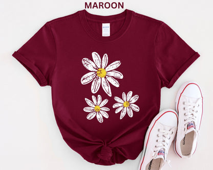 Daisy Shirt, Boho Floral Graphic Tee, Retro Aesthetic Flower Shirt, Spring Flower Trendy Summer Three  Daisy Shirt for Women and Youth Girl