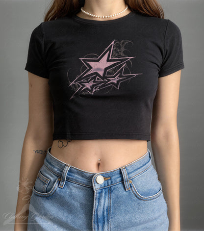 Y2K Star Baby Tee Grunge Graphic Crop Top for Women, Vintage Style Pink Star Shirt, Cute Emo Alt Girl Gift, 90s Coquette Top