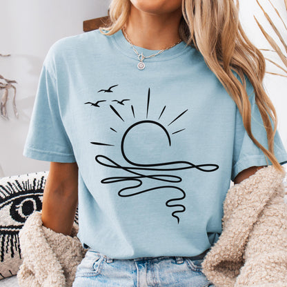 Comfort Colors Sun Ocean Shirt - Linear Graphic Boho Summer T Shirt - Trendy Beach Tee - Cute Minimalist Summer Tee