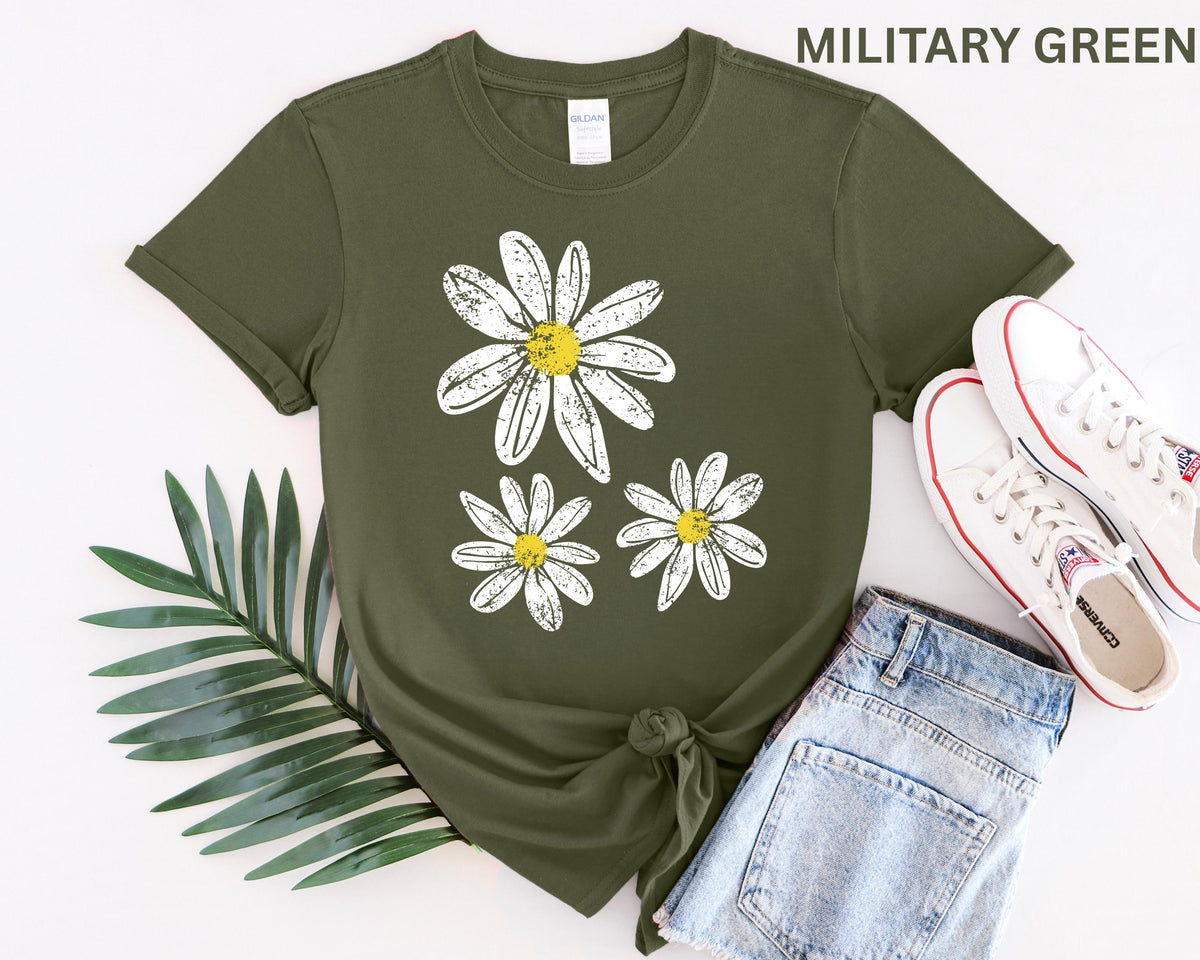 Daisy Shirt, Boho Floral Graphic Tee, Retro Aesthetic Flower Shirt, Spring Flower Trendy Summer Three  Daisy Shirt for Women and Youth Girl