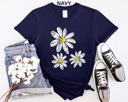 Daisy Shirt, Boho Floral Graphic Tee, Retro Aesthetic Flower Shirt, Spring Flower Trendy Summer Three  Daisy Shirt for Women and Youth Girl