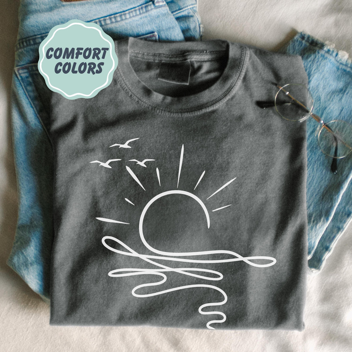 Comfort Colors Sun Ocean Shirt - Linear Graphic Boho Summer T Shirt - Trendy Beach Tee - Cute Minimalist Summer Tee