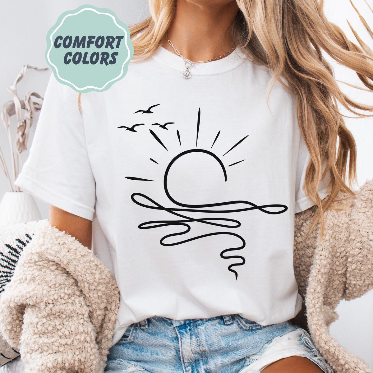 Comfort Colors Sun Ocean Shirt - Linear Graphic Boho Summer T Shirt - Trendy Beach Tee - Cute Minimalist Summer Tee